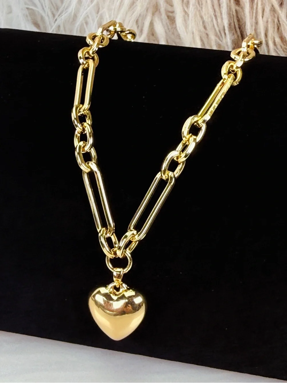 Gold Tone Paperclip Link Chain Puffy Heart Pendant Statement Necklace